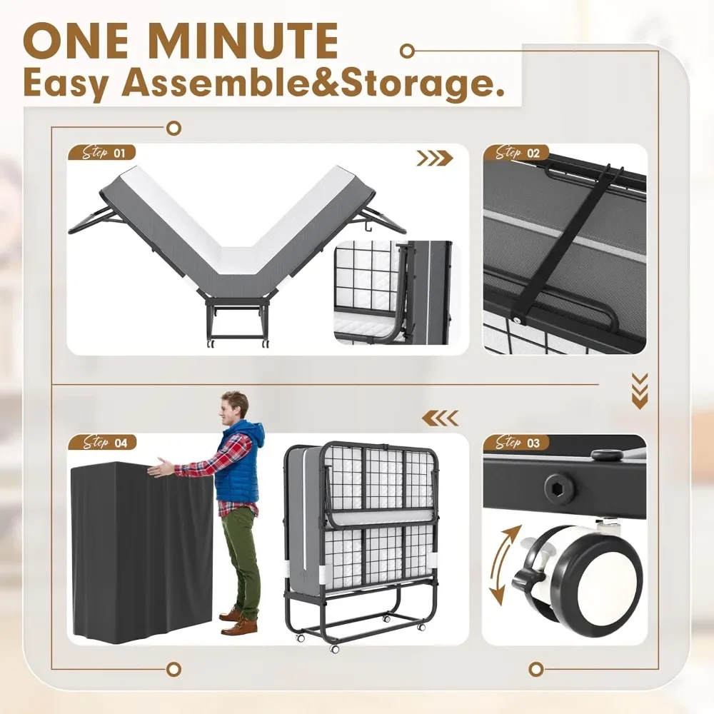 

Folding Bed with Mattress, 75 x 31 Folded Bed, Roll Away Beds with Mattresses for Adults, Portable Roll Away Guest Beds