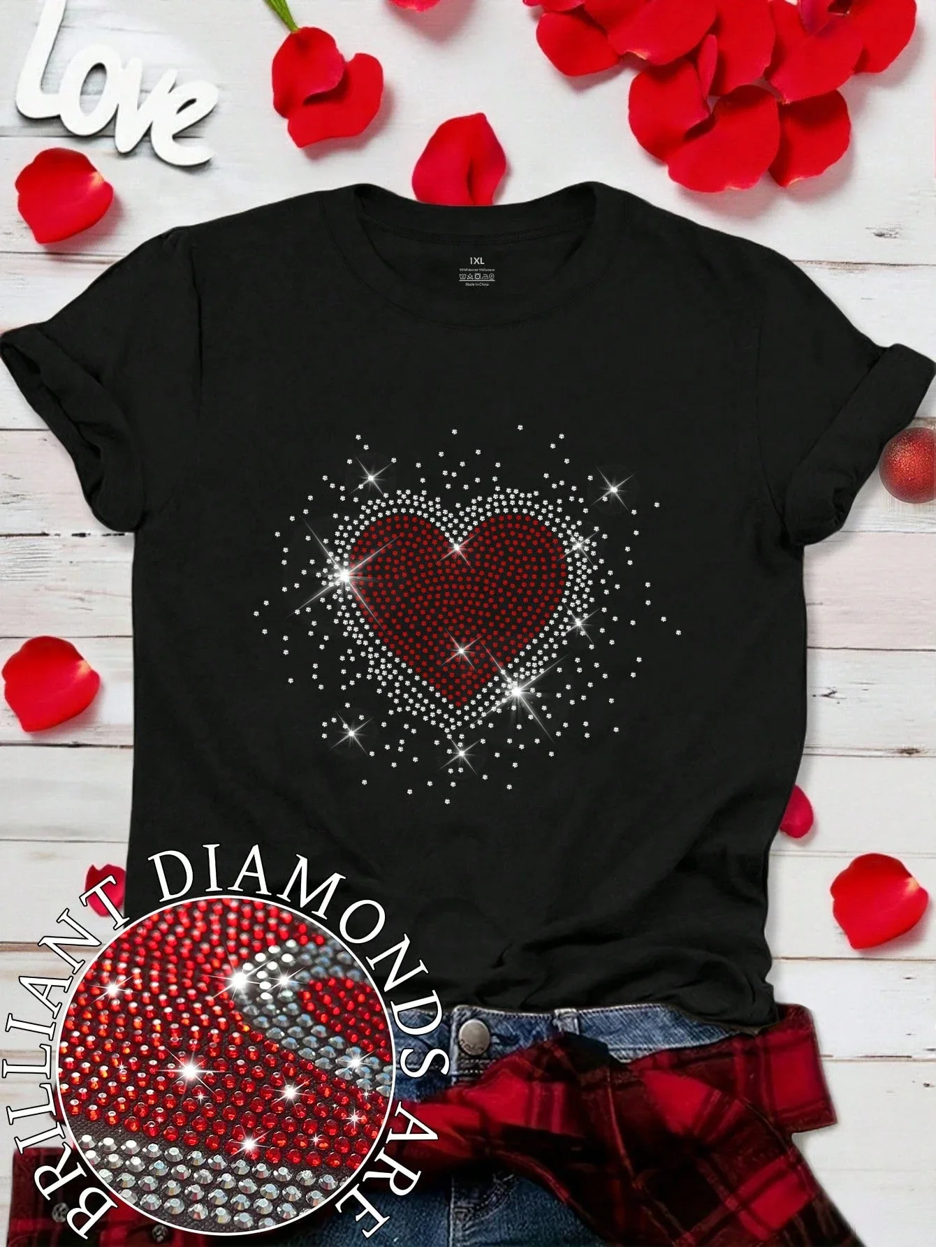 

Plus Size Women Valentine Heart Rhinestone Casual Round Neck Short Sleeve T-Shirt