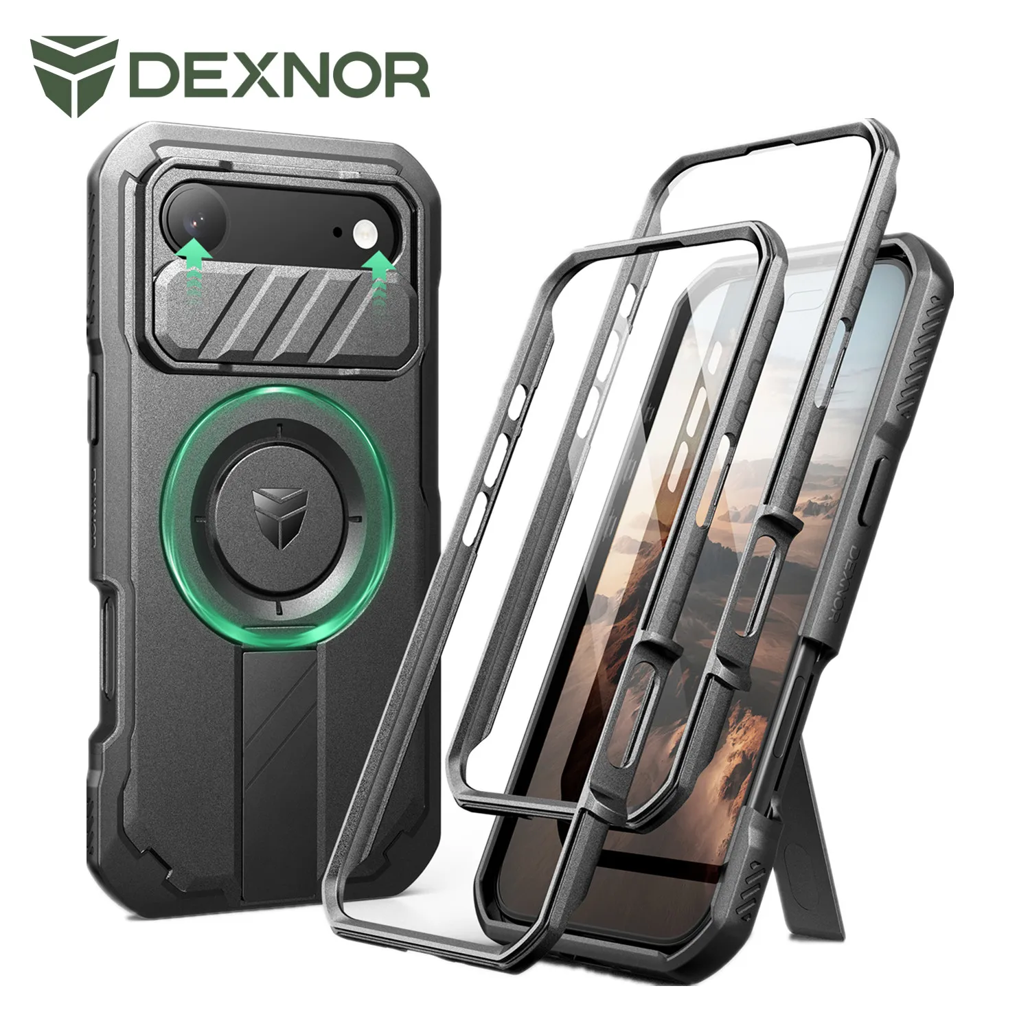 

For iphone 17 Air Case Rugged Armor Shockproof Case with Built-in Sliding Camera Cover and Built-in Screen Protector Kickstand