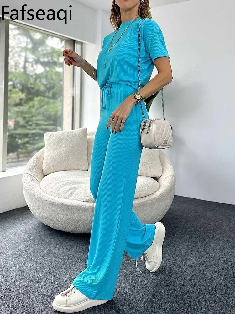 2024 Spring Women\'s Sports Suit Blue Short Sleeve T-shirt Tracksuit Two-piece Set Sagging Wide Leg Trouser Home Suit for Womens