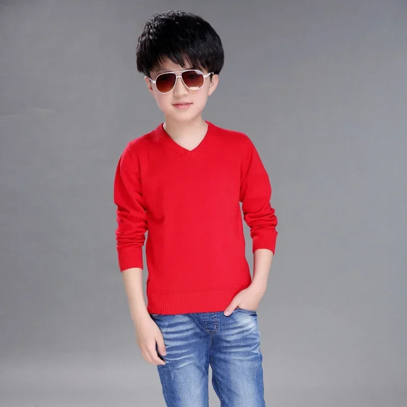 Spring New Boys Sweater Kids Sweater teenager pullovers knitted Sweaters Autumn Winter V-Neck pure Color 4 5 6 7 8 9 10 14years