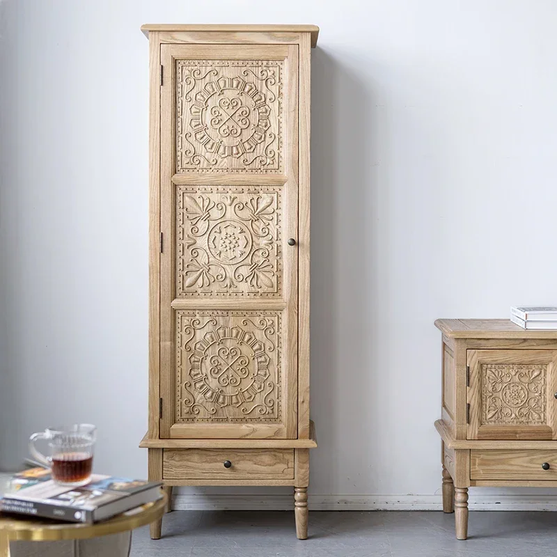 

American Idyllic Vintage Wood Carved TV Side Cabinet Ash Clothes Closet