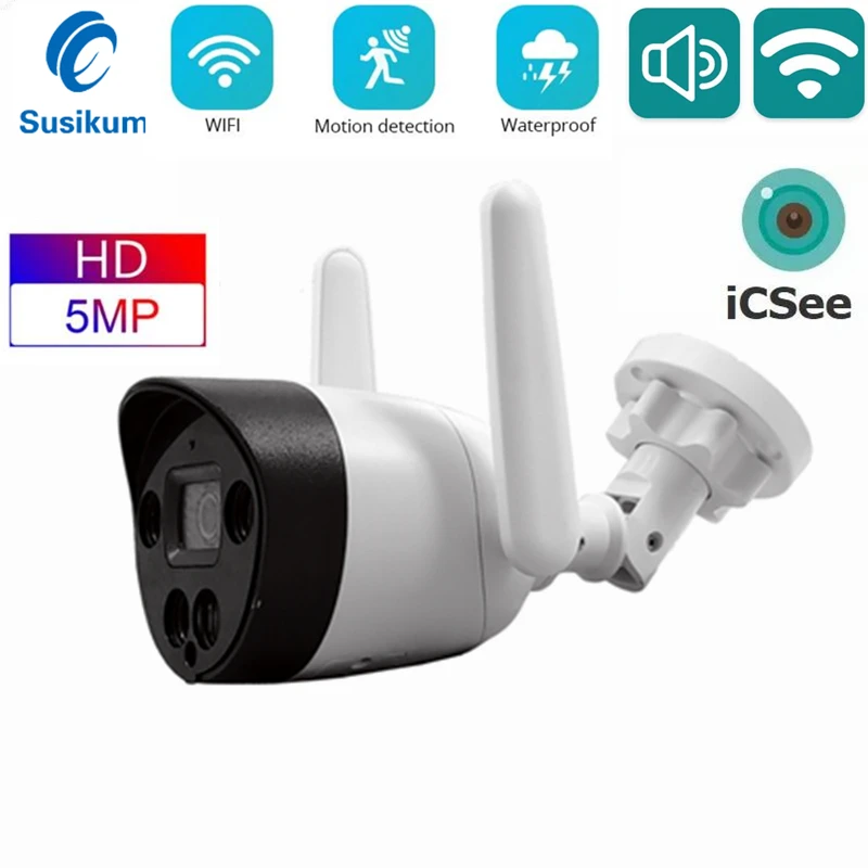 

5-мегапиксельная цилиндрическая Wi-Fi IP-камера наружного видеонаблюдения ICSee, Водонепроницаемая беспроводная камера безопасности для умного дома