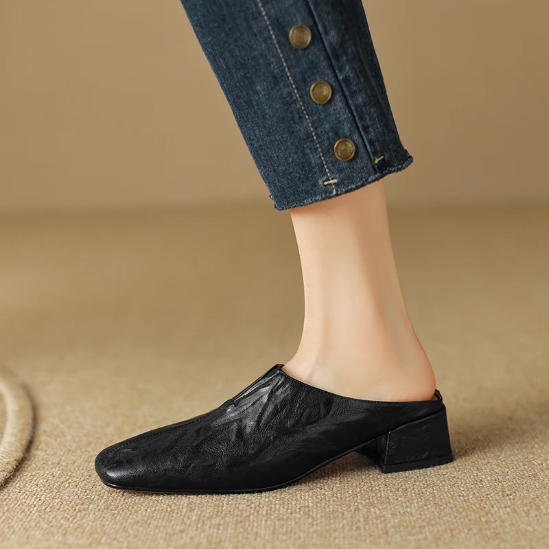 2023 Office Lady Casual Women Pumps Mules Square Toe Thick Heels Slippers Genuine Leather Sandals Shoes Woman Concise Fashion