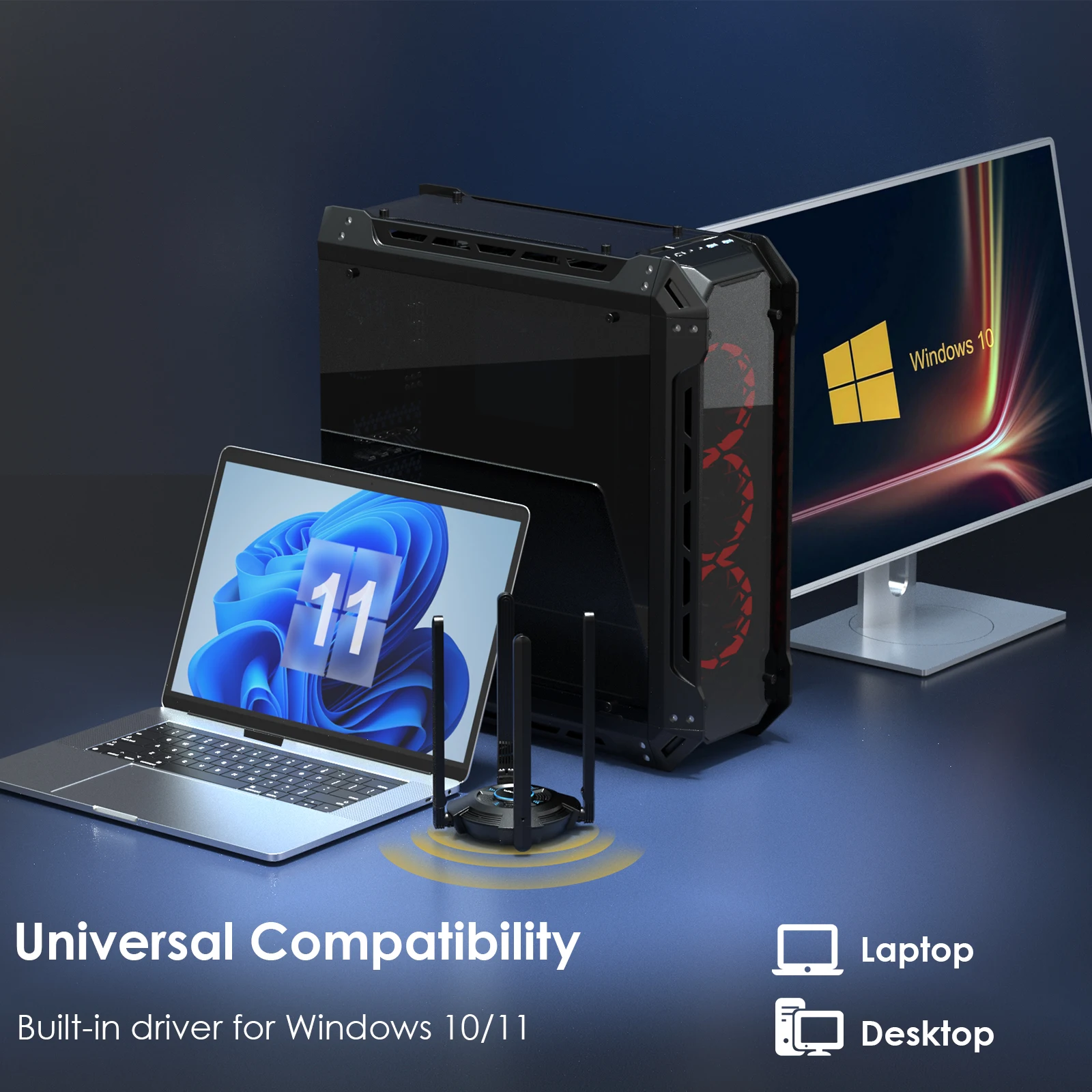 محول WAVLINK USB WiFi للكمبيوتر AX5400 ثلاثي الموجات 2.4/5/6 جيجا هرتز محول الشبكة اللاسلكية مع 4 هوائيات عالية الكسب 5dBi لسطح المكتب