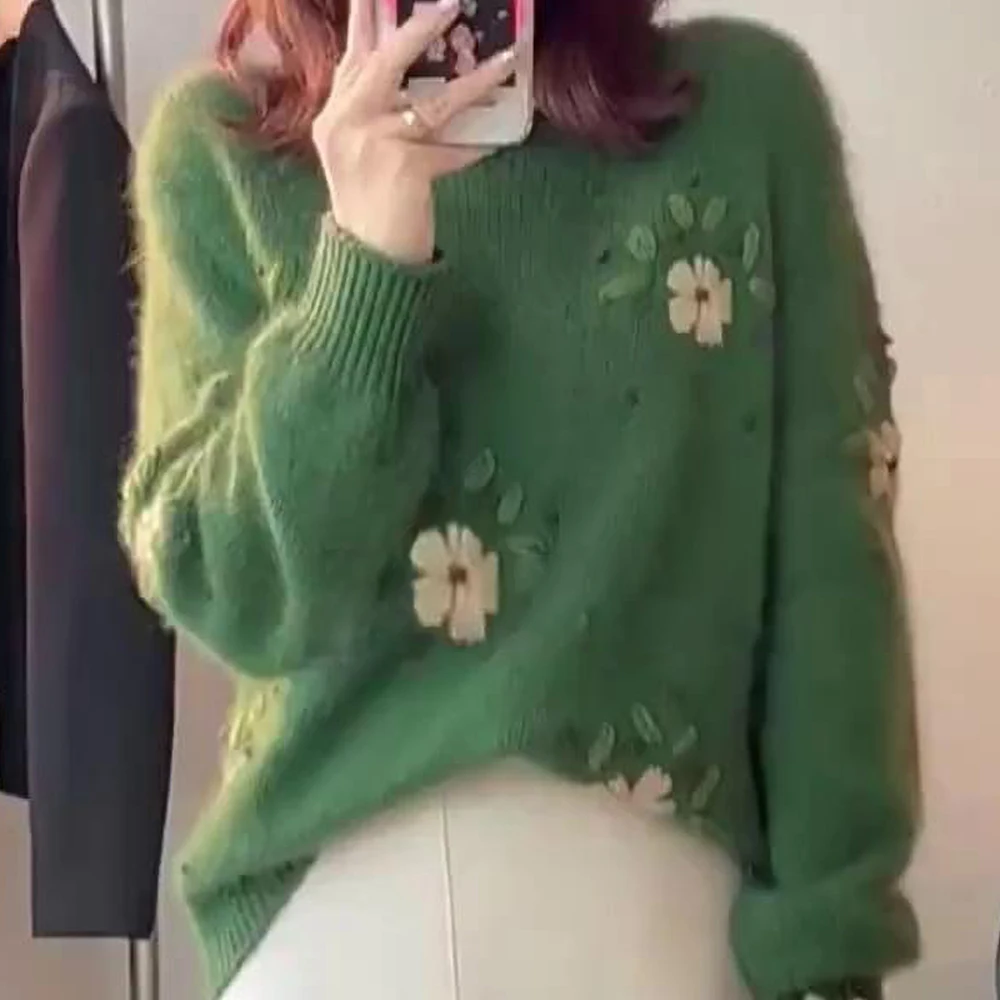 Retro Green Floral Embroidered Sweater Autumn Winter Soft Knitted Top Korean Women O-neck Loose Thicked WarmPullover Sweaters