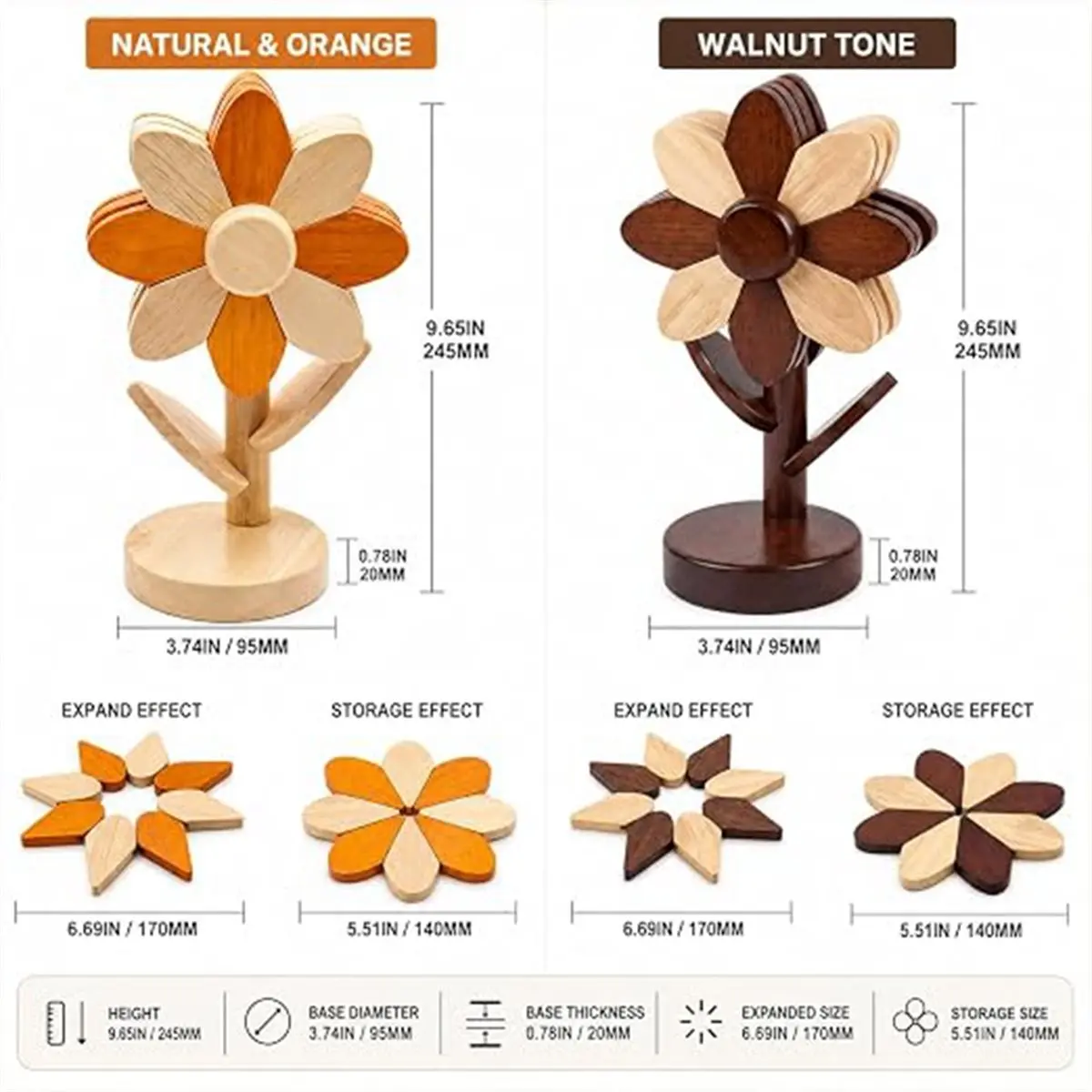5Pcs Sunflower Wooden Trivet Set Expandable Hot Dish Stand & Coaster 2-in-1 for Countertop Decor Orange