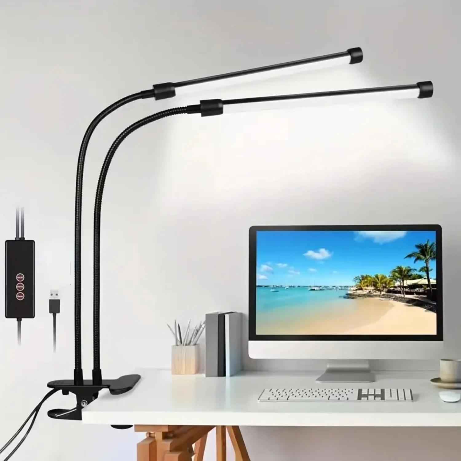 Dual Heads LED Desk Lamp With Clamp Dimmable Reading Light 3 Colour Temperatures 10 Brightness Levels USB Clip-on Table Lamp