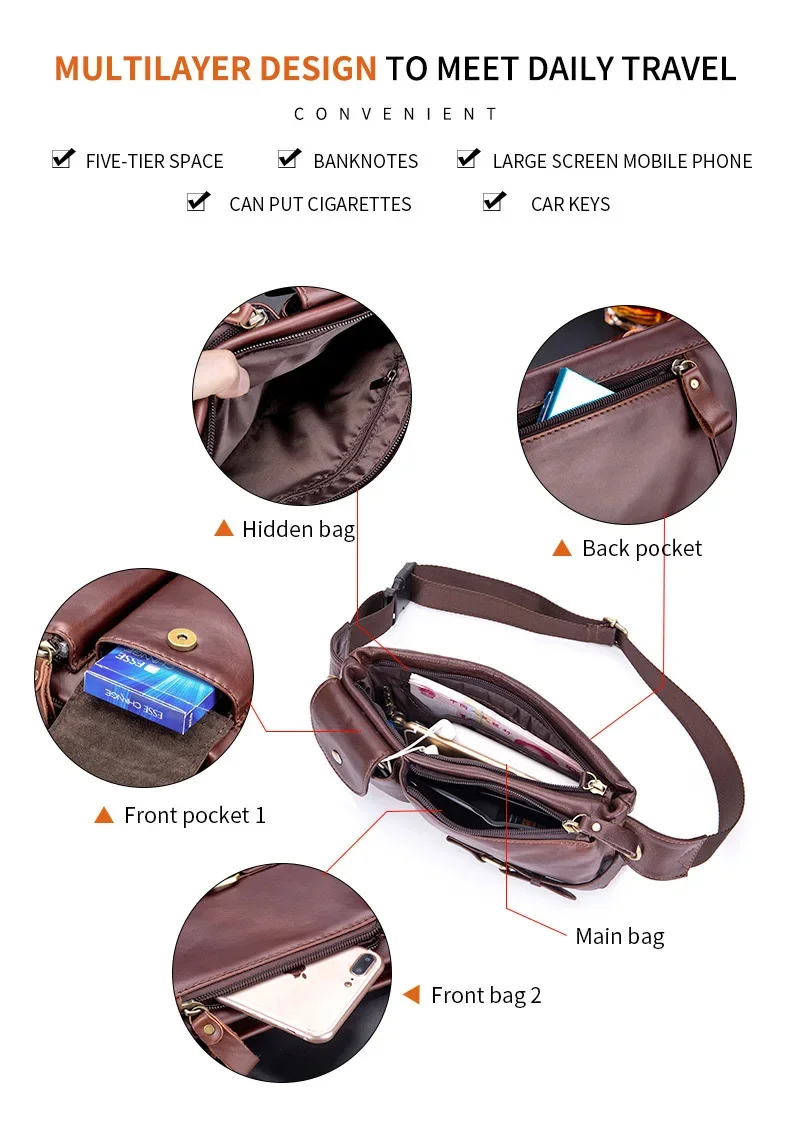 Pacotes de cintura masculina casual retângulo macio couro genuíno bolso móvel crossbody peito saco