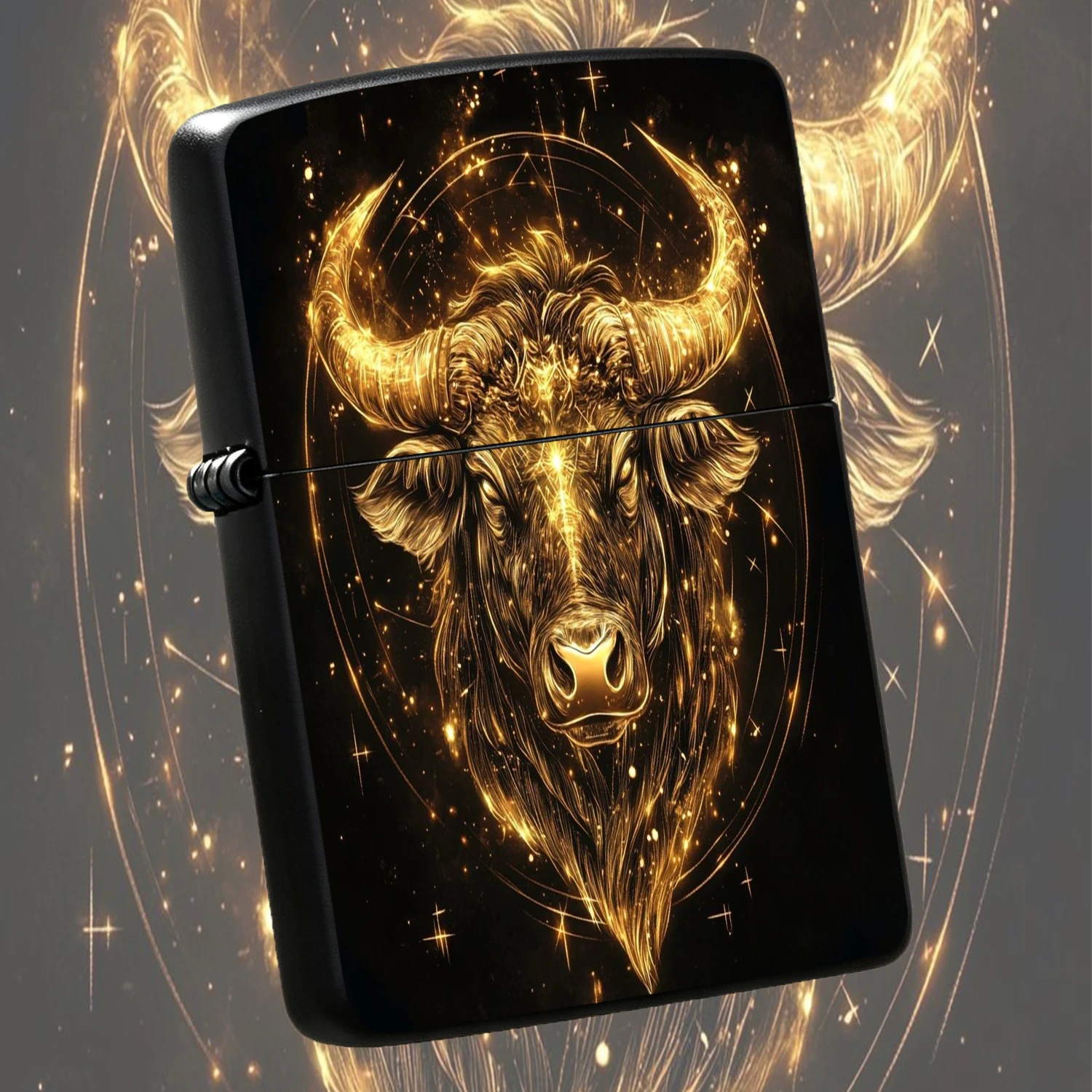 Retro Golden Taurus Zodiac Sign Lighter, Starry Sky Glowing Art Pattern Portable Daily Use Accessory, Aesthetic Themed Gift For Men Women, Multi-Scene Universal Practical Cool Unique Decorative Carry Item For Camping Travel Daily Commute A