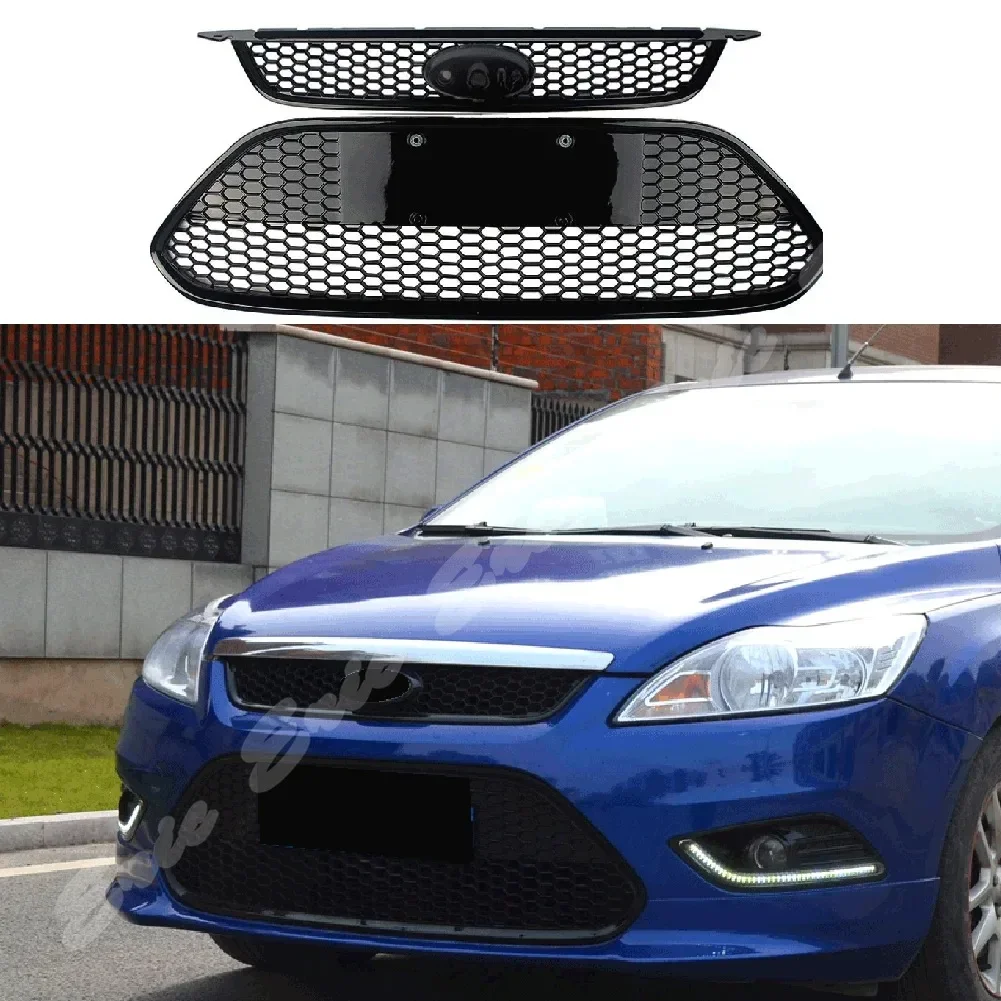 Front & Lower Grille Bumper Honeycomb Gill For Ford Focus 2009 2010 2011 2012 2013 2014 2015 Hatchback Sedan Glossy Black