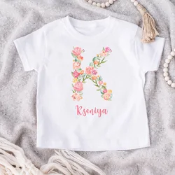 Personalised Flower Letter Print Kids Birthday T-shirt Child Custom Name Clothes Tops Girls Shirt Birthday Party Present T Shirt