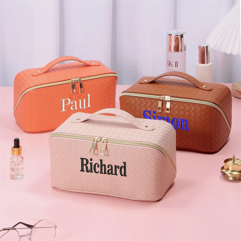 Personalized PU Large Capacity Multifunctional Makeup Bag Custom Embroidery Logo Advanced Sense Portable Toiletry Bag Gift