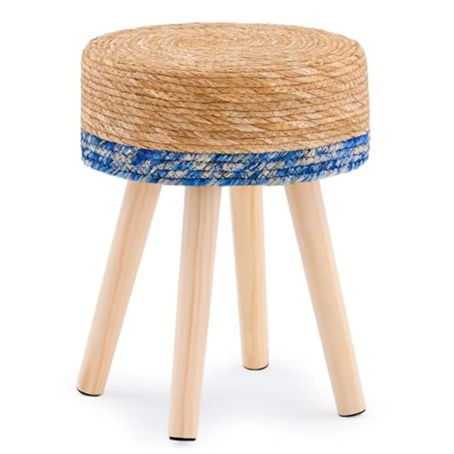 

Плетеное вручную уличное кресло-пуф из водяного гиацинта, круглое, для патио, с деревянными ножками, 17 дюймов, многофункциональный табурет для туалетного столика и обеденной зоны