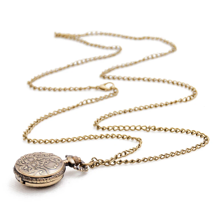 Fashion Vintage Retro Bronze quartz watch pocket Chain pendant necklace (lotus)