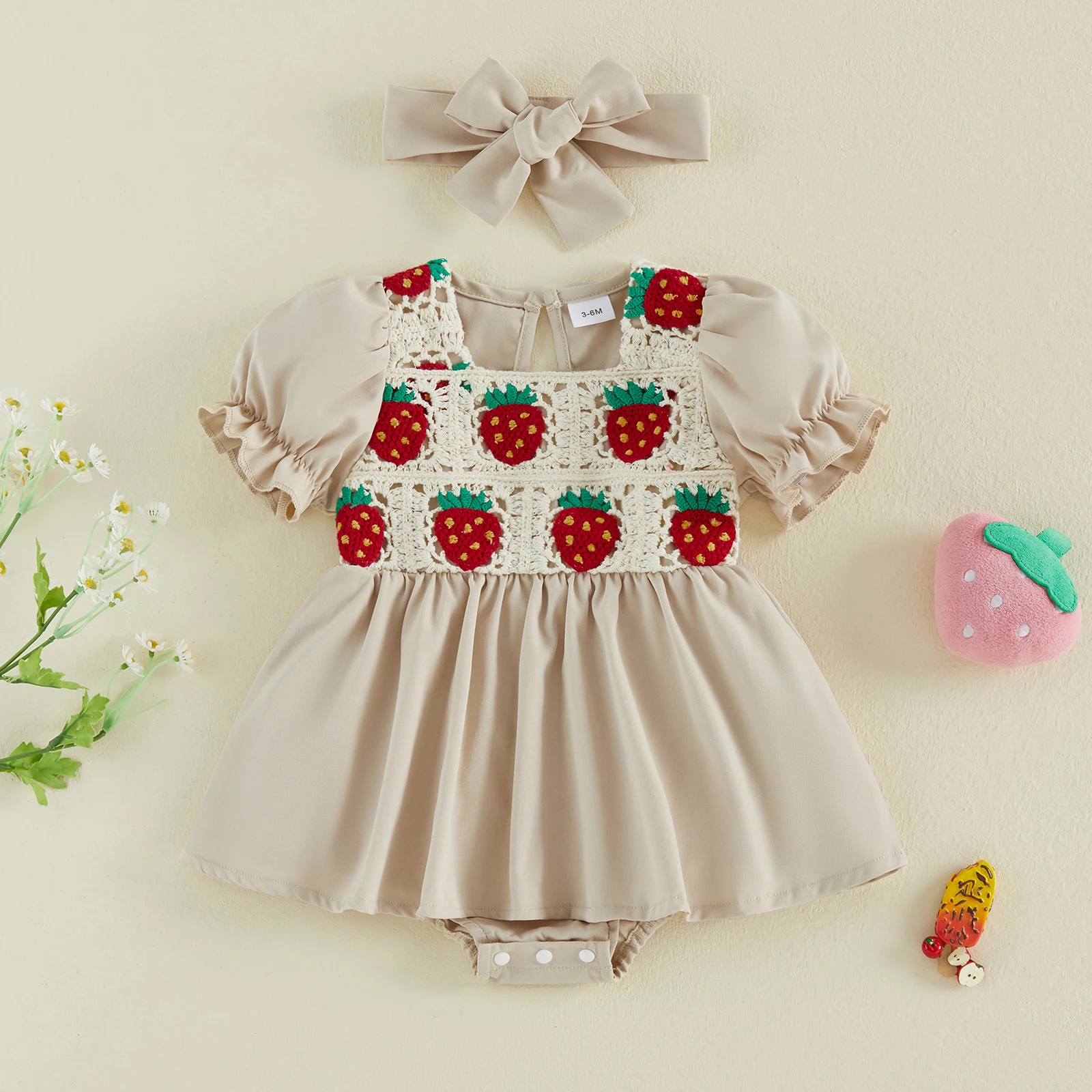 

Летний комплект для девочек: платье-ромпер с вышивкой клубники и повязка на голову, 2 предмета, боди с короткими рукавами и круглым вырезом для малышей