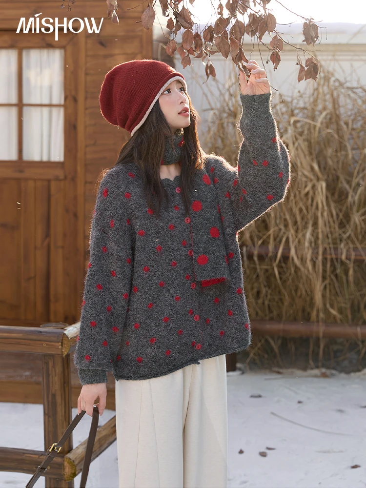 

MISHOW Christmas Woman Knitted Sweater 2025 Winter Retro Gray Red Polka Dot Crew Neck Cardigans Commute Warm Top MXE48Z2568