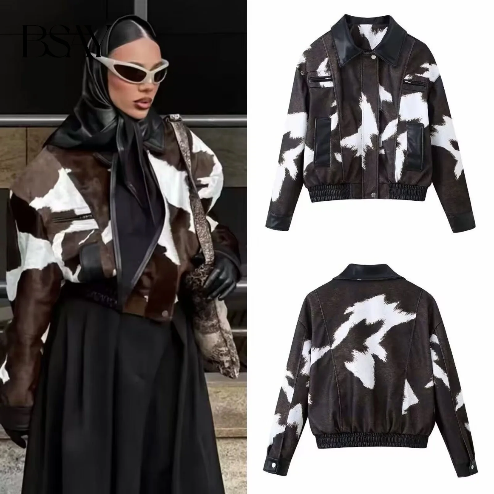 

BSAY Cow Pattern Print Leather Jacket for Women Fashion Autumn Winter New Street Long Sleeve Zip Lapel Short Jackets Coat
