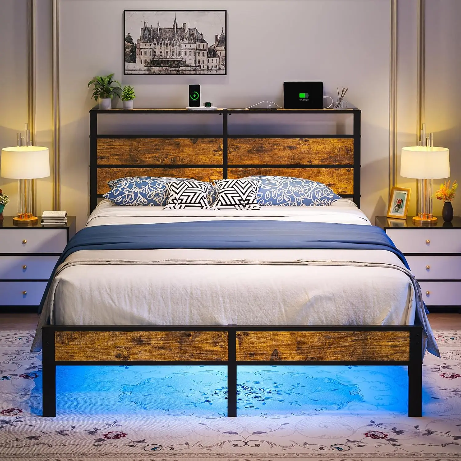 

Bed Frame with USB Charging Station and Headboard,Black Metal Platform Bed with LED Lights,No Noise Design,No Box Spring Needed