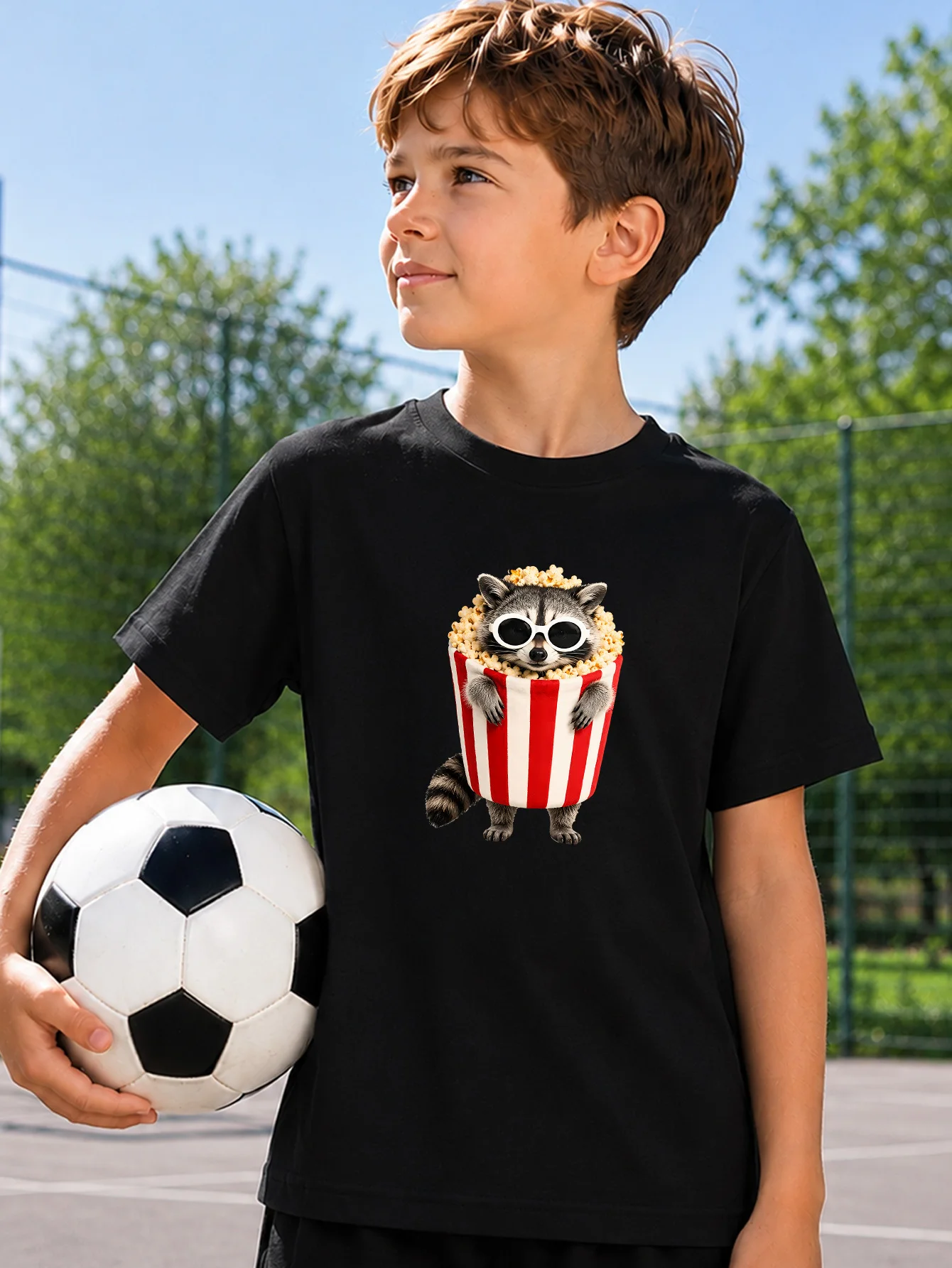 Funny Popcorn Raccoon Cartoon Print Boys Girls Family Matching Cotton Short Sleeve Crew Neck Soft Summer Kids Casual Tees