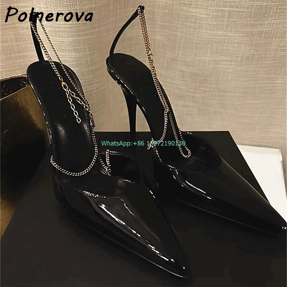 

Metal Chain Patent Leather Sexy Sandals Pointy Toe Ankle Band Buckle Slingback Shoes Cross Band Party Unique Stiletto Shoes