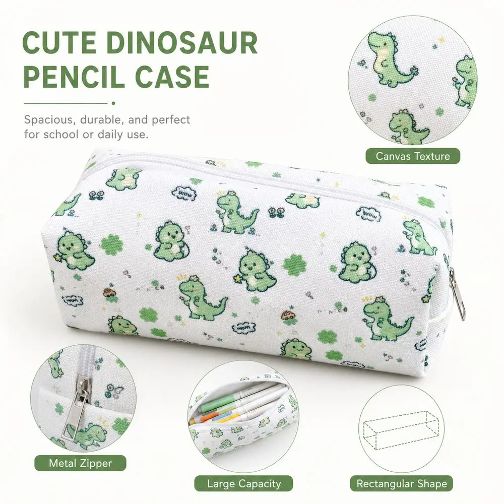 Dinosaur Pattern Dinosaur Pencil Case Large Capacity Metal Zipper Stationery Organizer Cute Style Rectangular Shape
