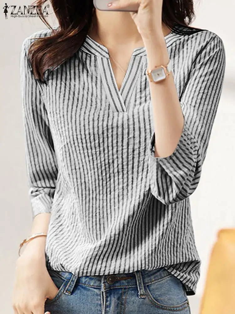 ZANZEA Women Elegant Summer Striped Shirt Autumn V Neck 3/4 Sleeve Blouse Fashion Casual OL Work Tops Female Party Blusas Mujer