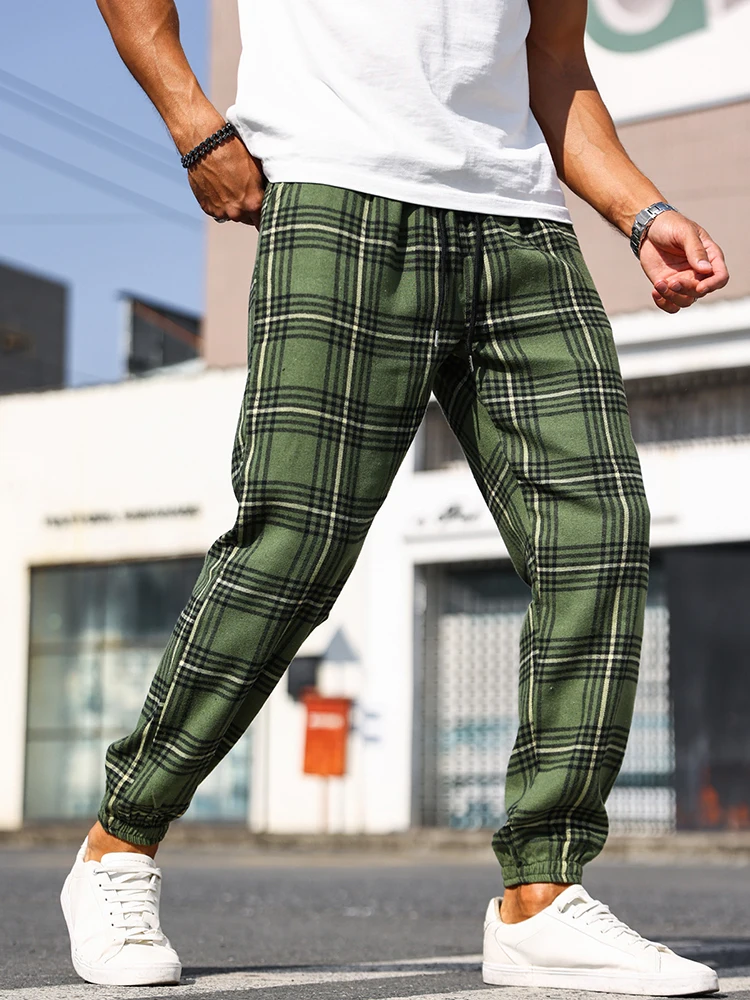 Sports Training Fashion Trousers Mens 2024 Fall Casual Loose Drawstring Pants Men Fashionable Plaid Striped Printed Pants Male