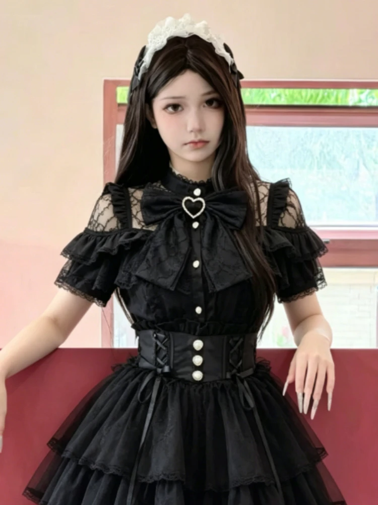 Women Lace Blouse With Bow Embellish Lolita Fashion Long Short Sleeve Daily Casual Top Subcultural Style Ladies Clothing