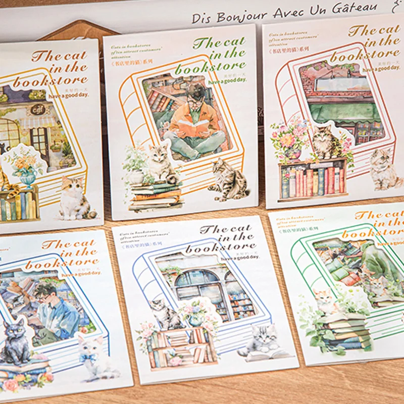 Sticker Pack 15 Sheets/Bag Bookstore Reading Cat Scrapbook Stationery DIY Journal Phone Case Notebook Decoration