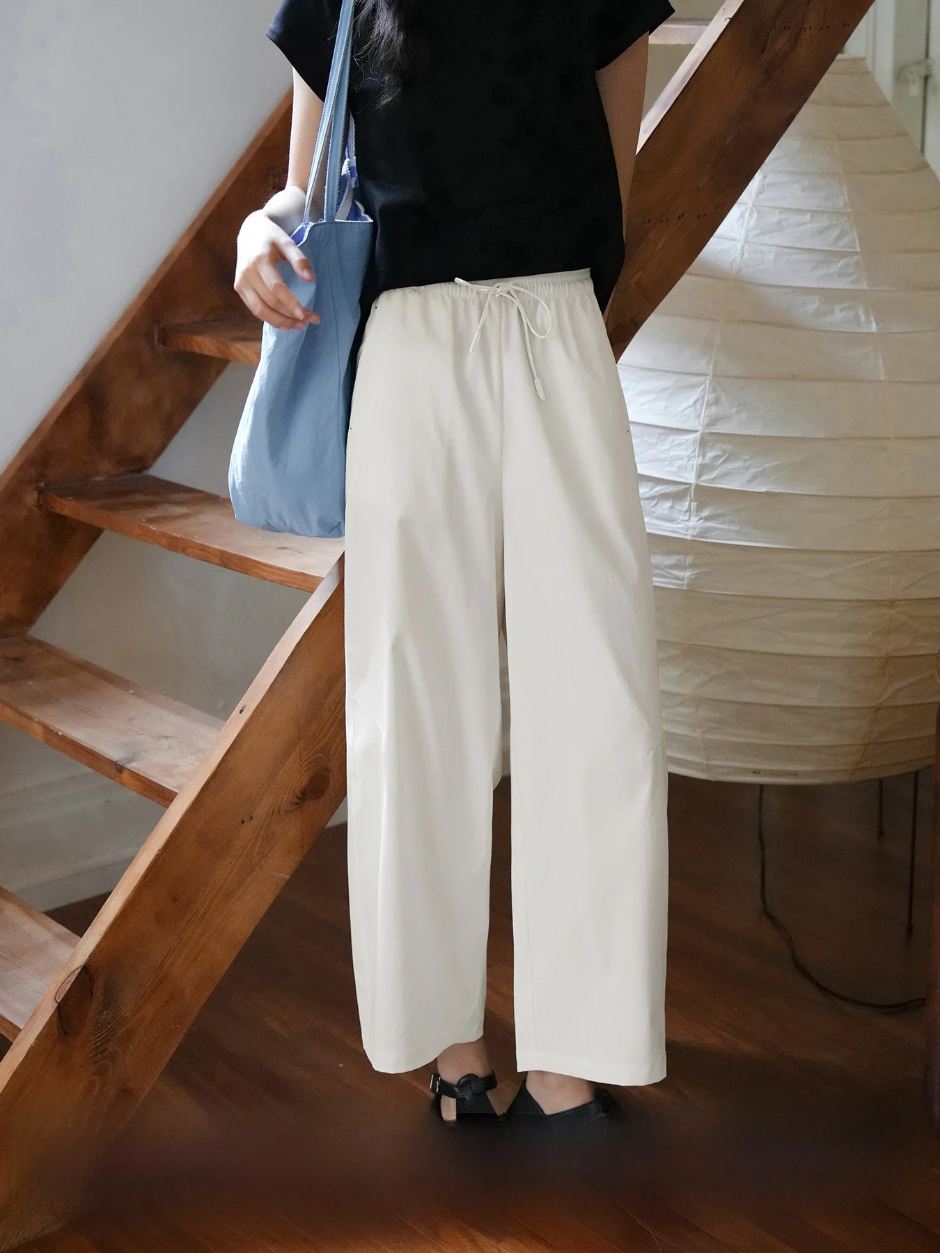 

Summer Anti-Wrinkle Sunscreen Women's Casual Pants Thin Wide Leg Cool Feeling White High Waist Elastic Polyester Fiber