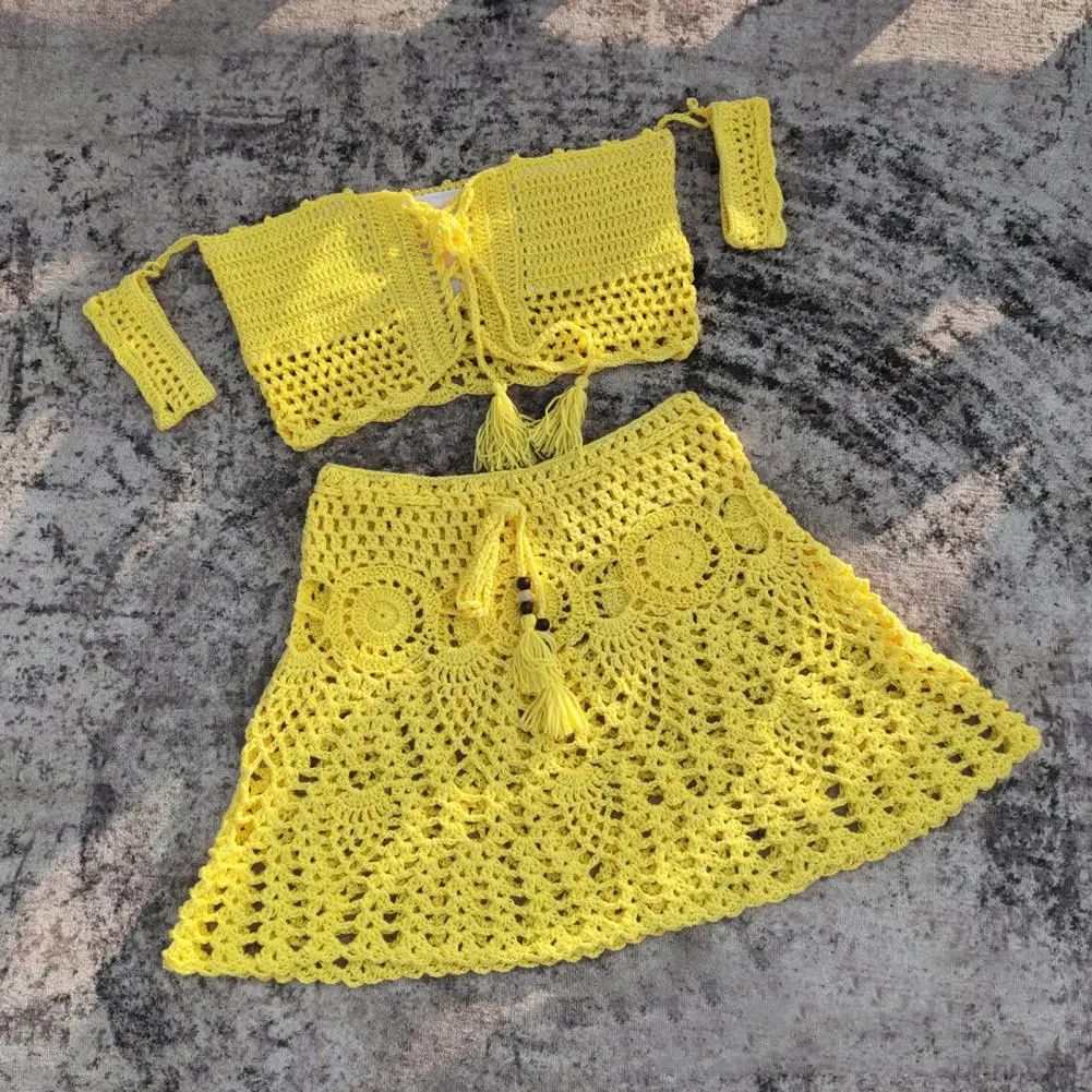 Handgemachte Bade bekleidung Set hand gefertigte Häkel bikini Set mit Schnürung Top hohe Taille Minirock Bade bekleidung 2 stücke gestrickt hohl für Frauen