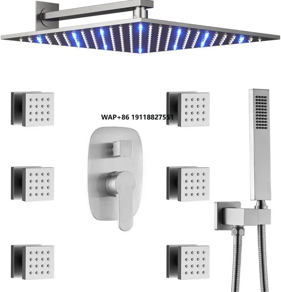 

Shower System 12-Inch LED Square Rainfall Brushed Nickel Wall Mounted Bathroom Set Made of Stainless Steel