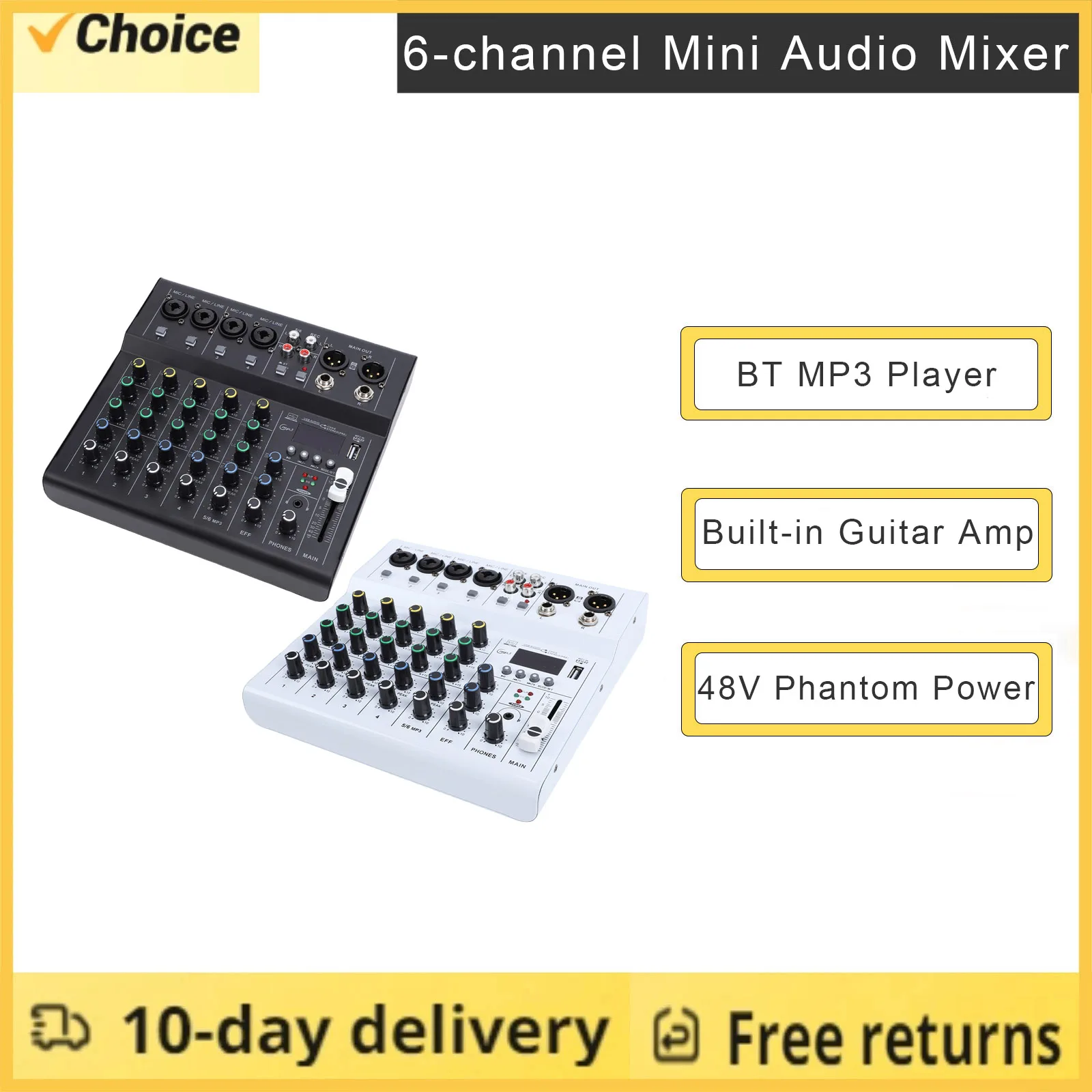 

6-канальный мини-микшерный пульт для диджеев с Bluetooth, MP3-плеером, фантомным питанием 48В, встроенным гитарным усилителем, портативная микшерная консоль