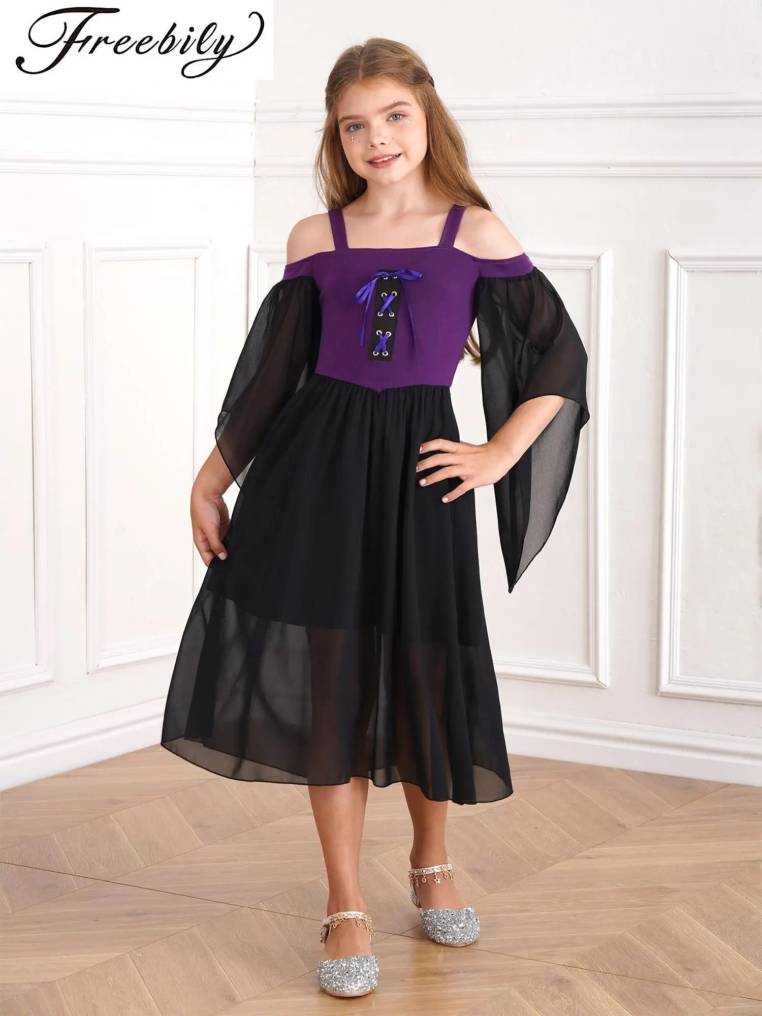 

Girls Medieval Renaissance Dress Victorian Princess Steampunk Dress Cold Shoulder Butterfly Sleeve Tulle Halloween Gothic Dress