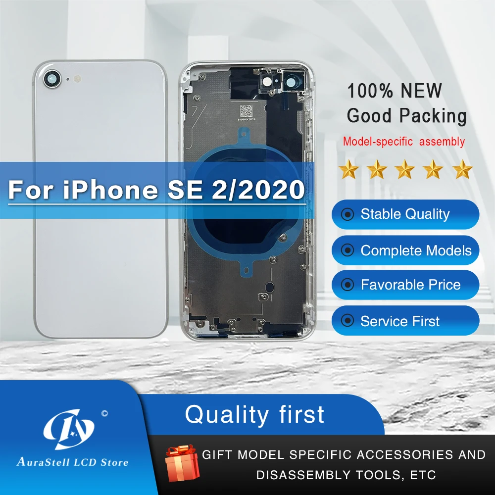 Coque arrière de remplacement de qualité pour iPhone SE2 SE2020 avec cadeaux gratuits, couvercle de batterie, châssis, cadre, plateau SIM, boutons latéraux