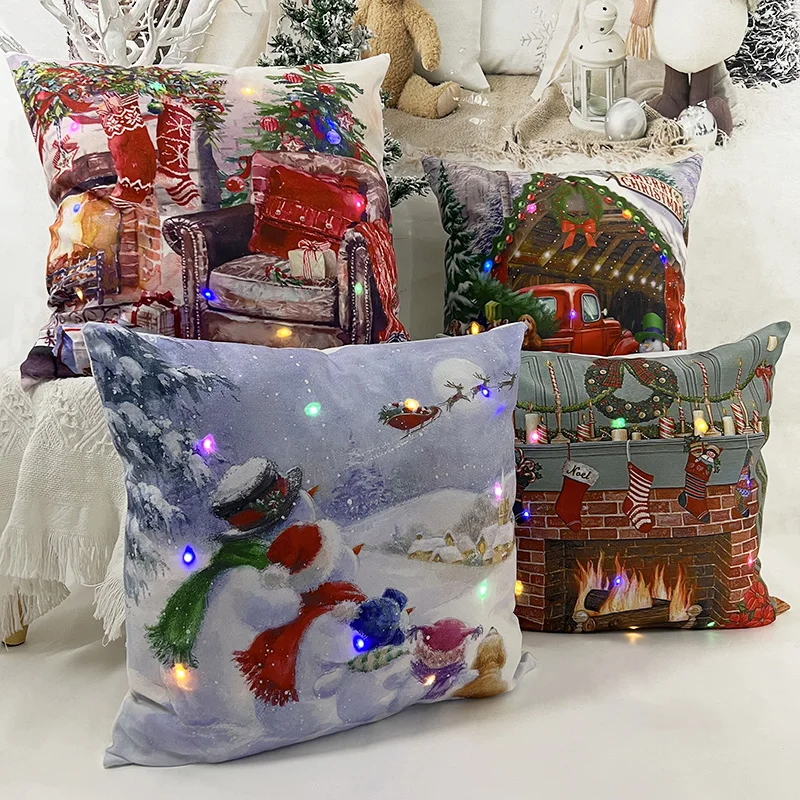 

LED Christmas Cushion Covers Santa Claus Snowman Car Decoration Pillowcases 45x45cm Home Sofa Pillow Case New Year Gifts