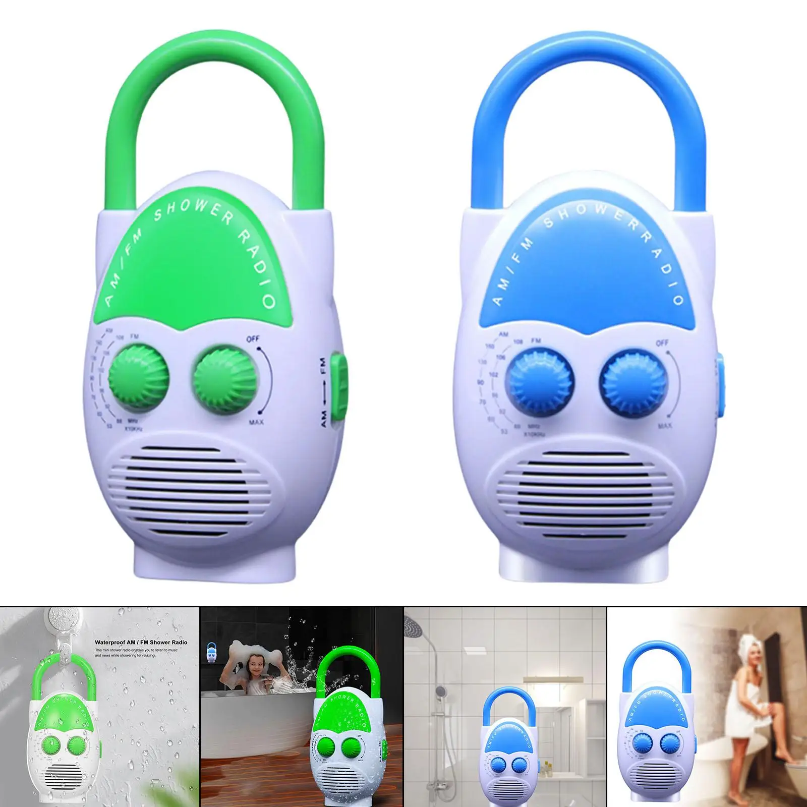 Compact Portable Hanging Shower Radio Top Handle Water Resistant Finish Battery Powered Adjustable Volume Stylish Splash Proof