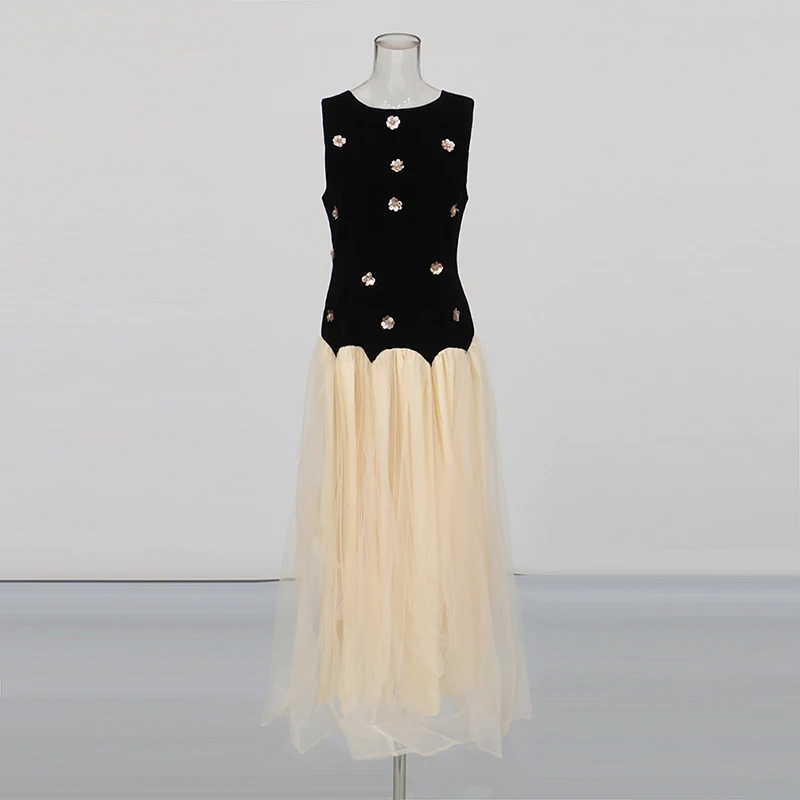 TWOTWINSTYLE, vestidos adelgazantes de colores llamativos para mujer, cuello redondo, sin mangas, cintura alta, vestido largo de malla empalmado para mujer