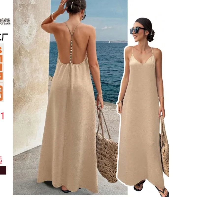 

Женское модное повседневное платье макси с V-образным вырезом, без рукавов, на бретельках, с открытой спиной, однотонное, летнее