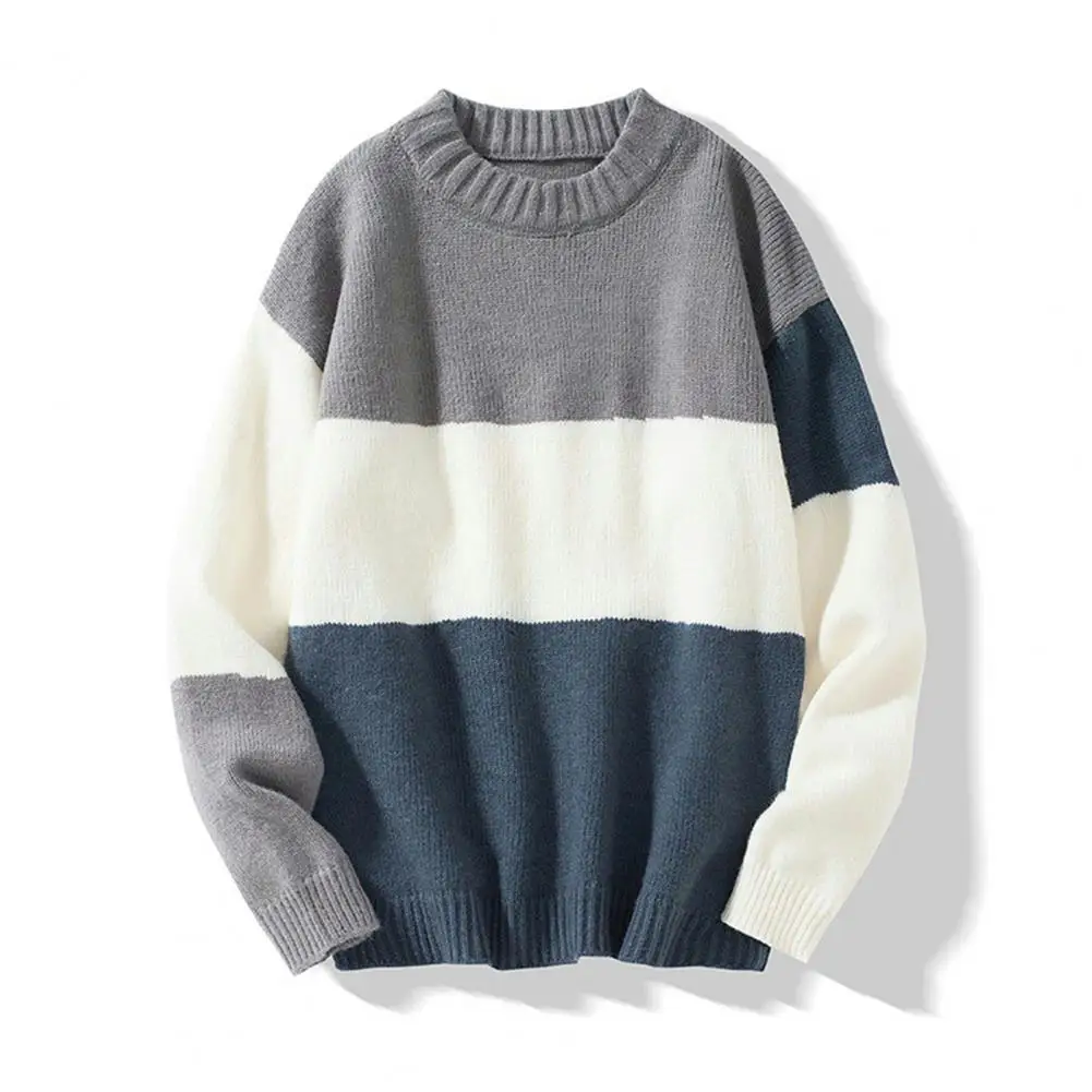 Men Loose Cut Sweater Lightweight Breathable Knitted Sweater Men\'s Colorblock Knitted Sweater with Round Neck Long for Fall