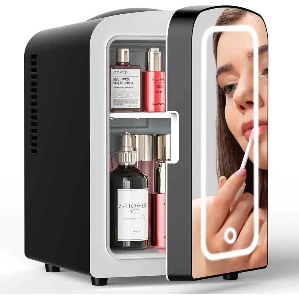Mini Refrigerator with LED Makeup Mirror 4L Cosmetics Cooler Skincare Breast Milk Medications Portable Solution