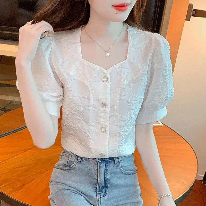 Vintage Summer Chiffon Shirts Women 2024 Elegant Fashion Short Sleeve Casual Blusas Korean Style White Puff Sleeve Tops Blouses