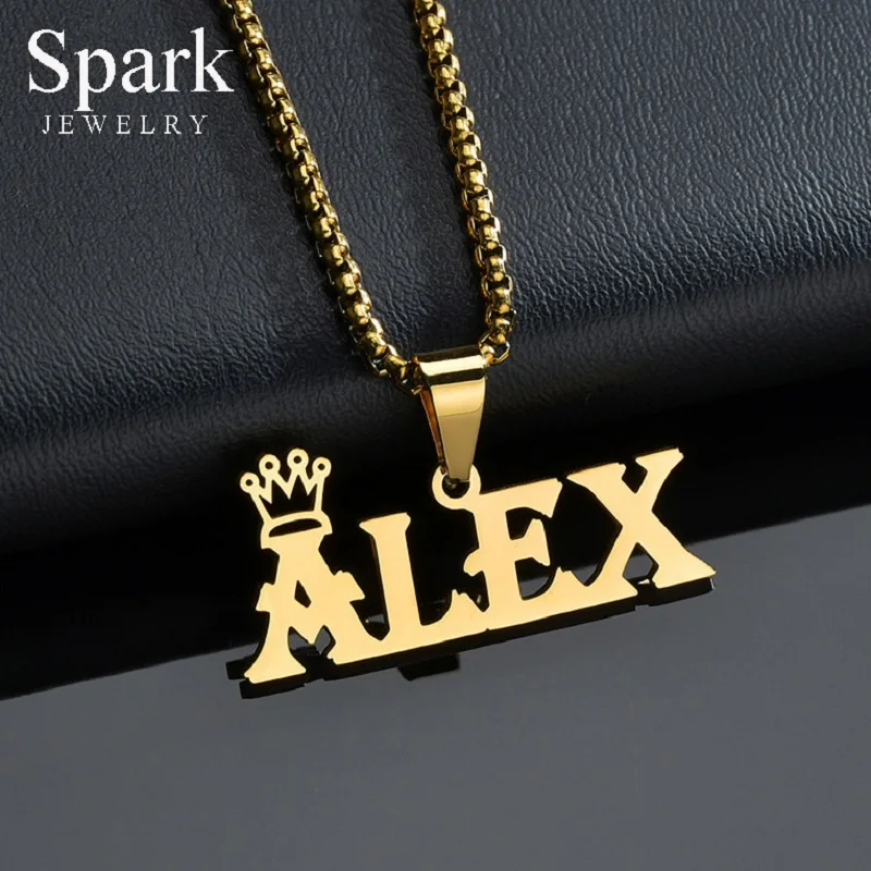 

Spark Custom Pendant Necklace Beads Chain Nameplate Crown Gold Color Stainless Steel Necklace for Women Christmas Gift Jewelry