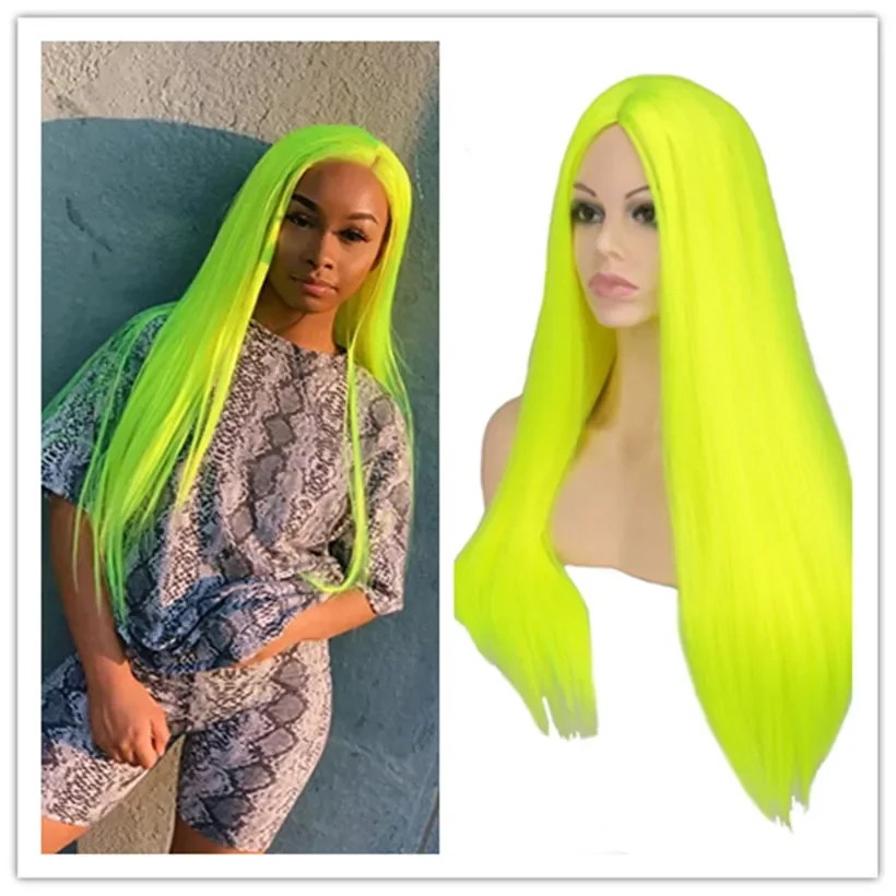 

SuQ Women's Long Straight Wig Hair Synthetic Natural Cosplay Party Neon Green Heat Resistant Daily Natural HairlineWigs