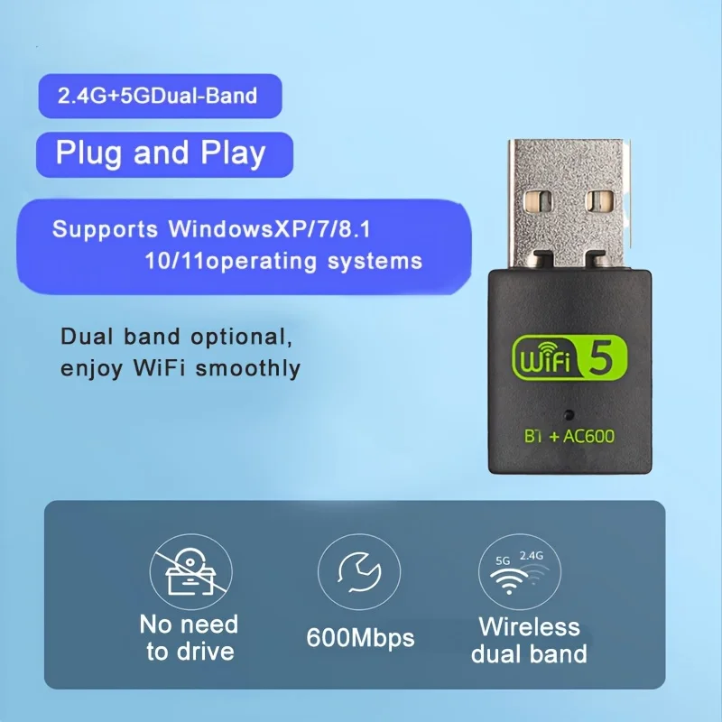 Hannord 600Mbps USB WiFi Adattatore Bluetooth Dongle Dual Band USB Wifi Adattatore USB Bluetooth Scheda di rete wireless per PC portatile