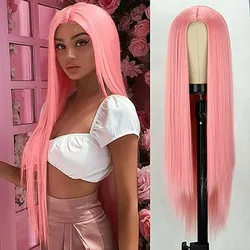 Synthetic Pink Wig for Women Long Pink Wig Straight Pink Wig Natural Looking for Cosplay