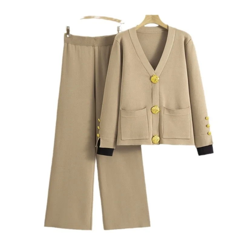 Herfst Winter Mode Vrouwen Gebreide Trui Set Grote Gouden Knop V-hals Vest Jassen Losse Hoge Taille Wijde Pijpen Broek pak B649