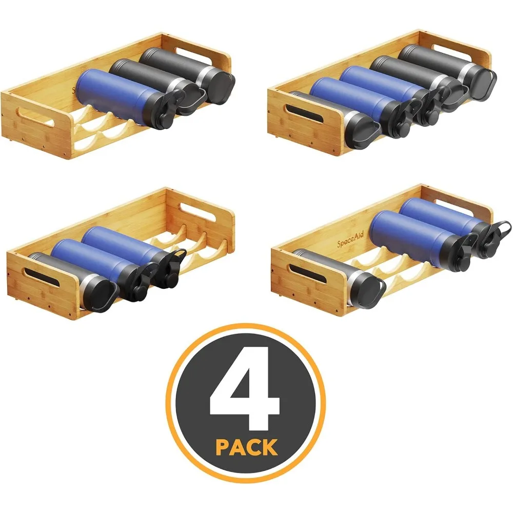 Bamboo Water Bottle Organizer with Labels, Kitchen Pantry Water Bottle Storage Rack for Cabinets, Home Cup