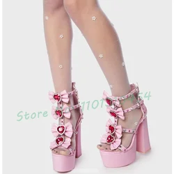 Crystal Bow Knot Platform Sandals Women Heart Shaped Gems Multi-buckles Bling Shoes Ladies Summer Design Block Heels Sandals